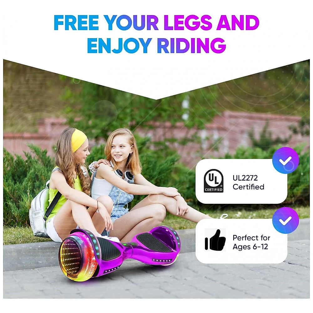 Hoverboard Emaxusa Roxo de 6,5 Polegadas para Crianças com Bluetooth, Rodas LED Estilo Túnel e Plataforma Antiderrapante