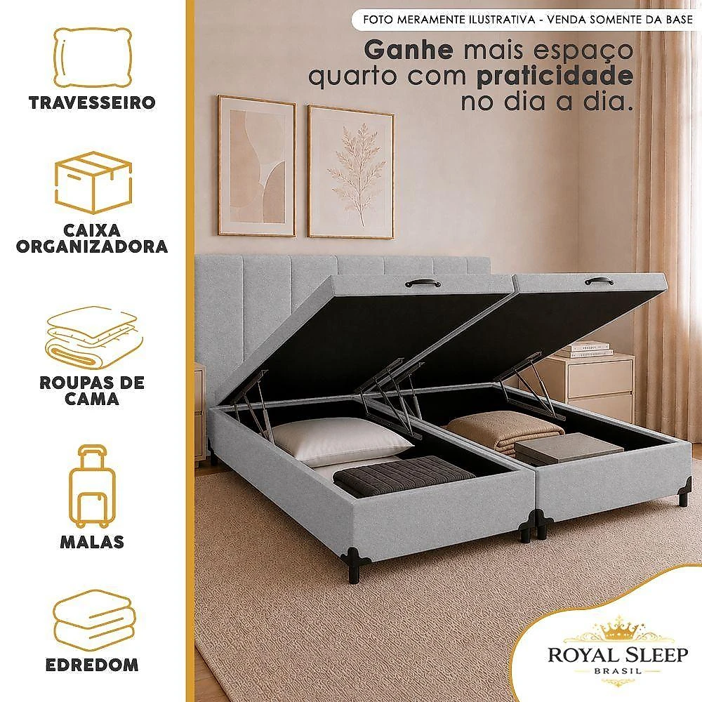 Cama Box com Baú Queen Bipartido Suede Cinza Royal Sleep