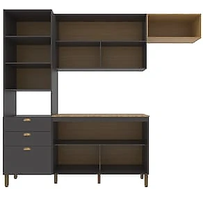 Armário de Cozinha Compacta 251cm Bartira Pérola 5 Portas 3 Gavetas MDP Finish Foil Grafite/Mel