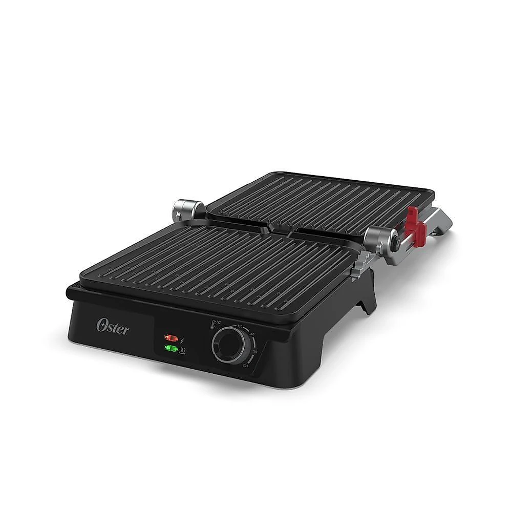 Grill elétrico oster ogrl610 multiuso com chapa antiaderente e abertura 180 graus inox 110v