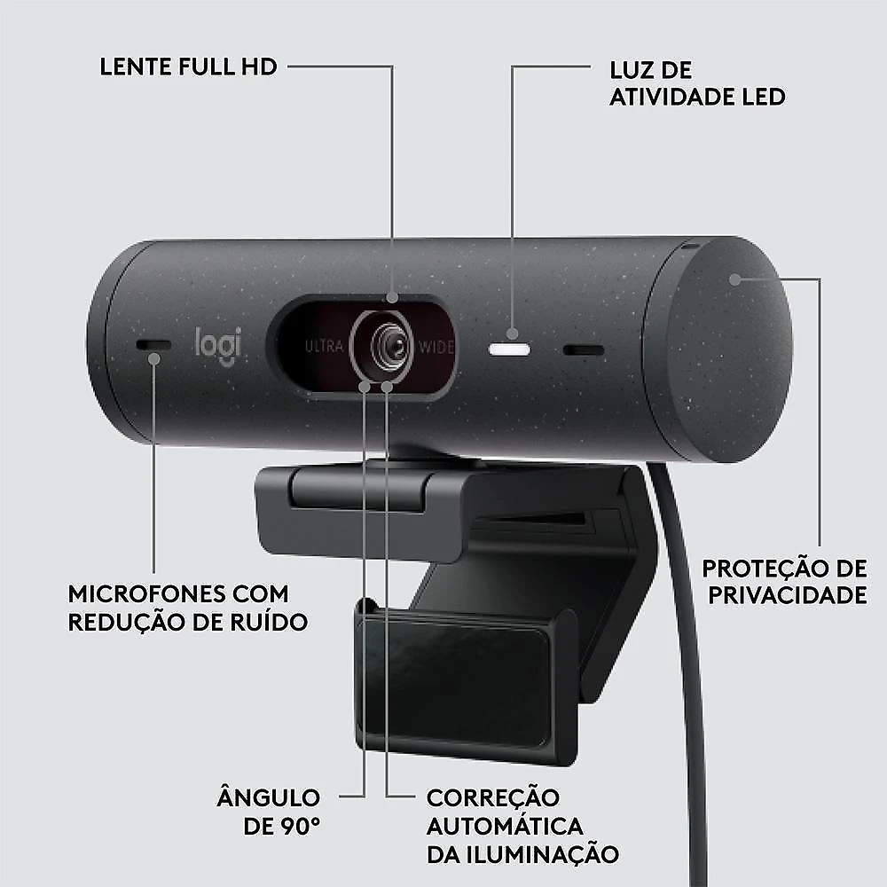 Webcam + Suporte Logitech Brio 500 Full HD, 1080p, 30 FPS, com Microfones Duplos, USB, Suporte Incluso, Grafite - 960-001412