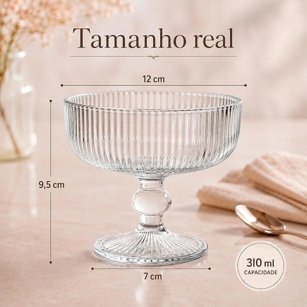 Taça Graffiato para Sobremesa e Coquetel Vidro Canelado Kit com 2 Unidades 310ML Transparente