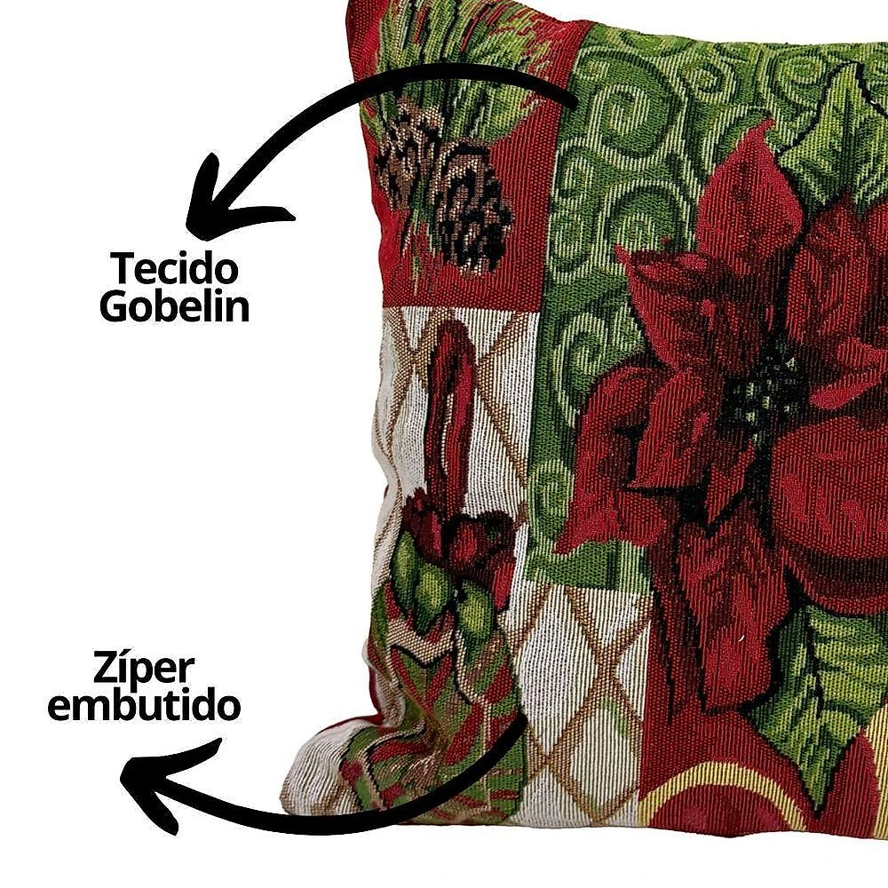 Capa de Almofada Natalina Gobelin Bico de Papagaio e Pinhas Vermelho Yangzi 45CM webcontinental-7841518700272