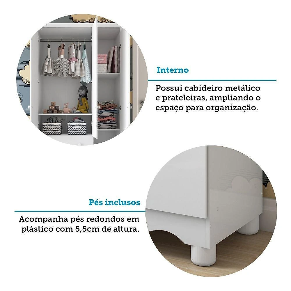 Quarto de Bebê Completo com Guarda Roupa 3 Portas Cômoda e Berço 100% MDF Mimo Espresso Móveis Branco Brilho