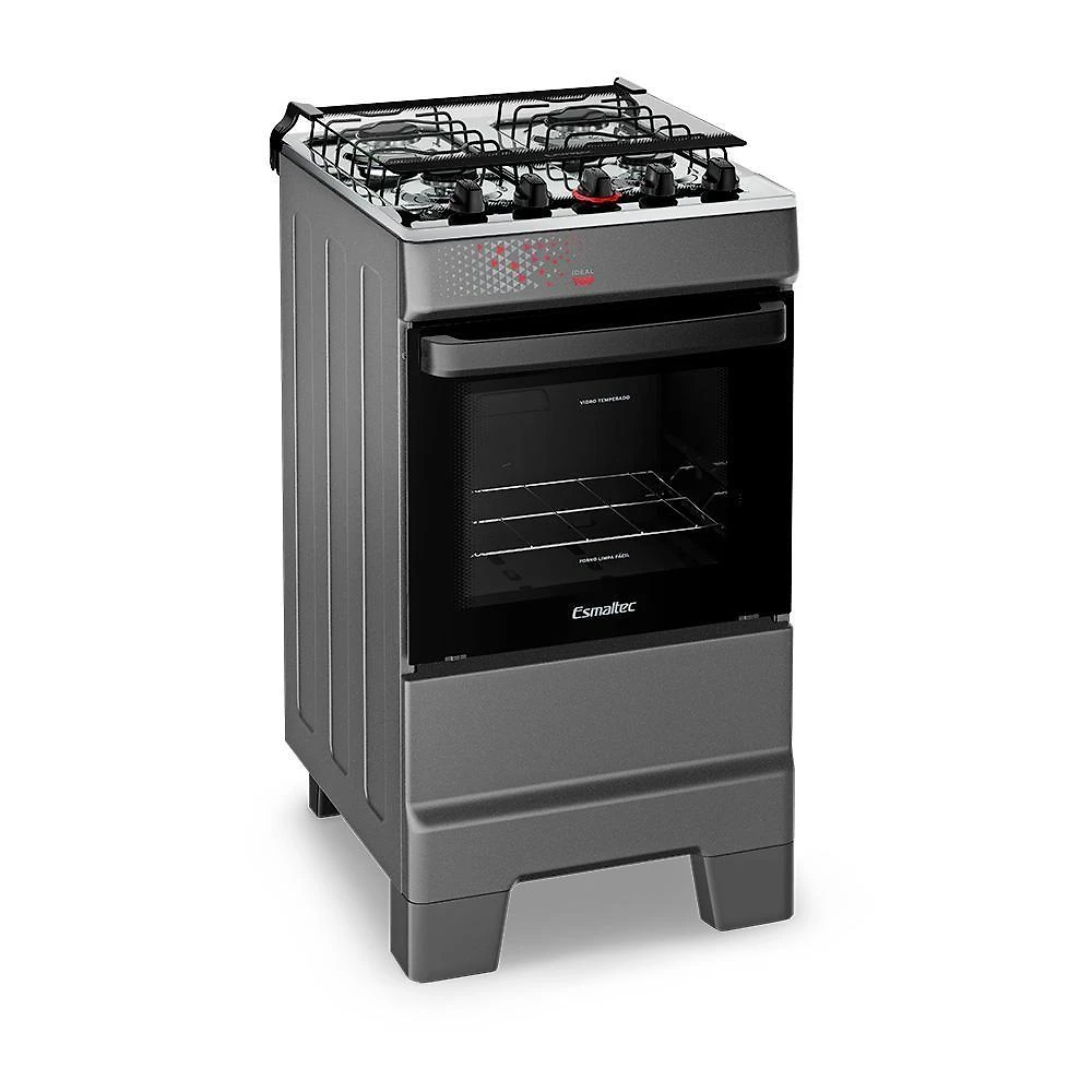 Fogão A Gás Mesa Inox Tampa De Vidro Forno 50L Esmaltec Ideal Top Titanium 4 Bocas Bivolt