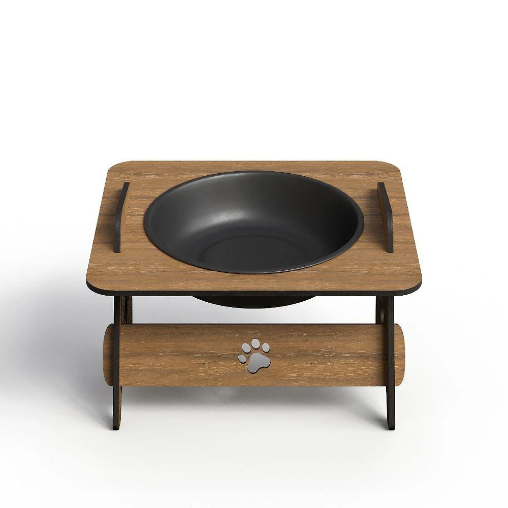 Comedouro Elevado para Pets OEM Unitário para Gato e Cachorro em MDF Marrom com Tigela 400ML