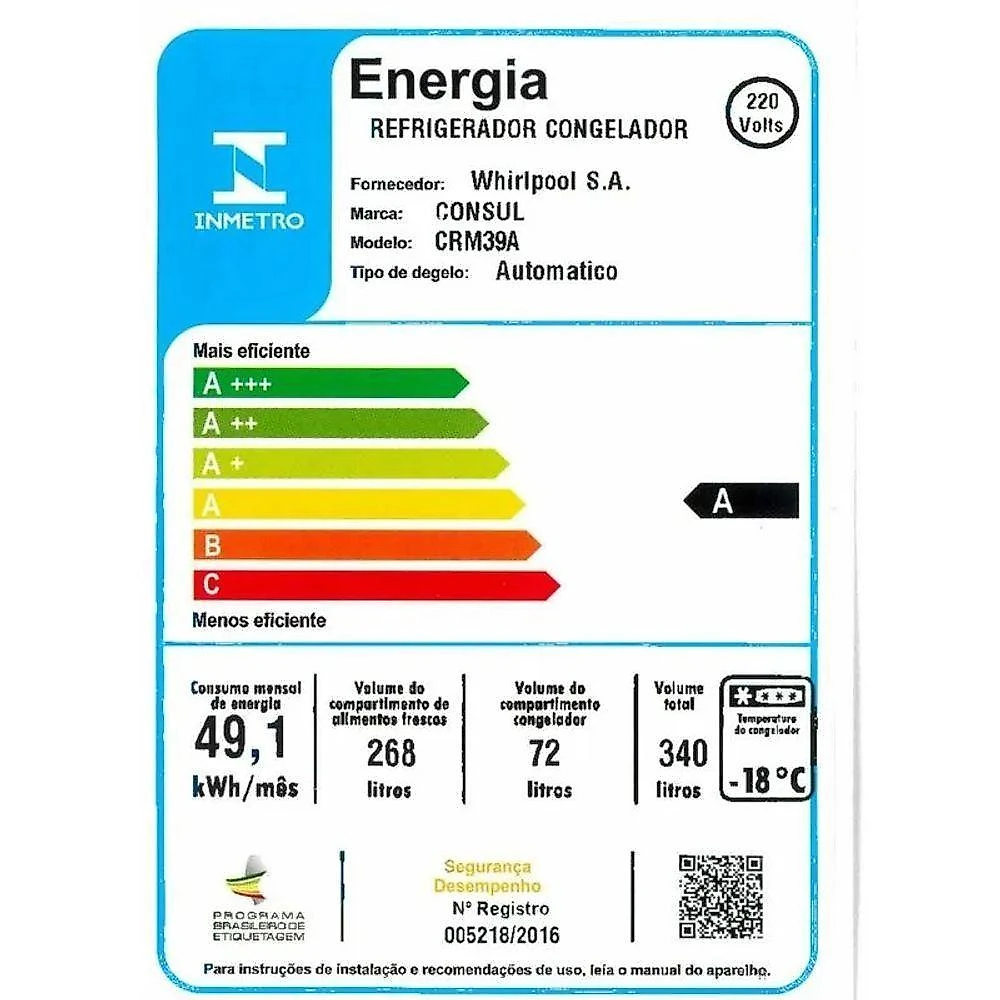 Refrigerador consul 340l 2 porta evox frost free 220v crm39ak