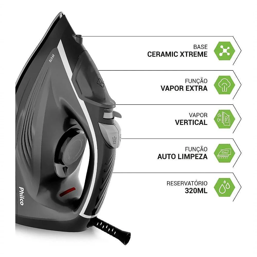 Ferro de Passar a Vapor Philco PFV70 Base Cerâmica Preto com Spray e Jato Extra 220V
