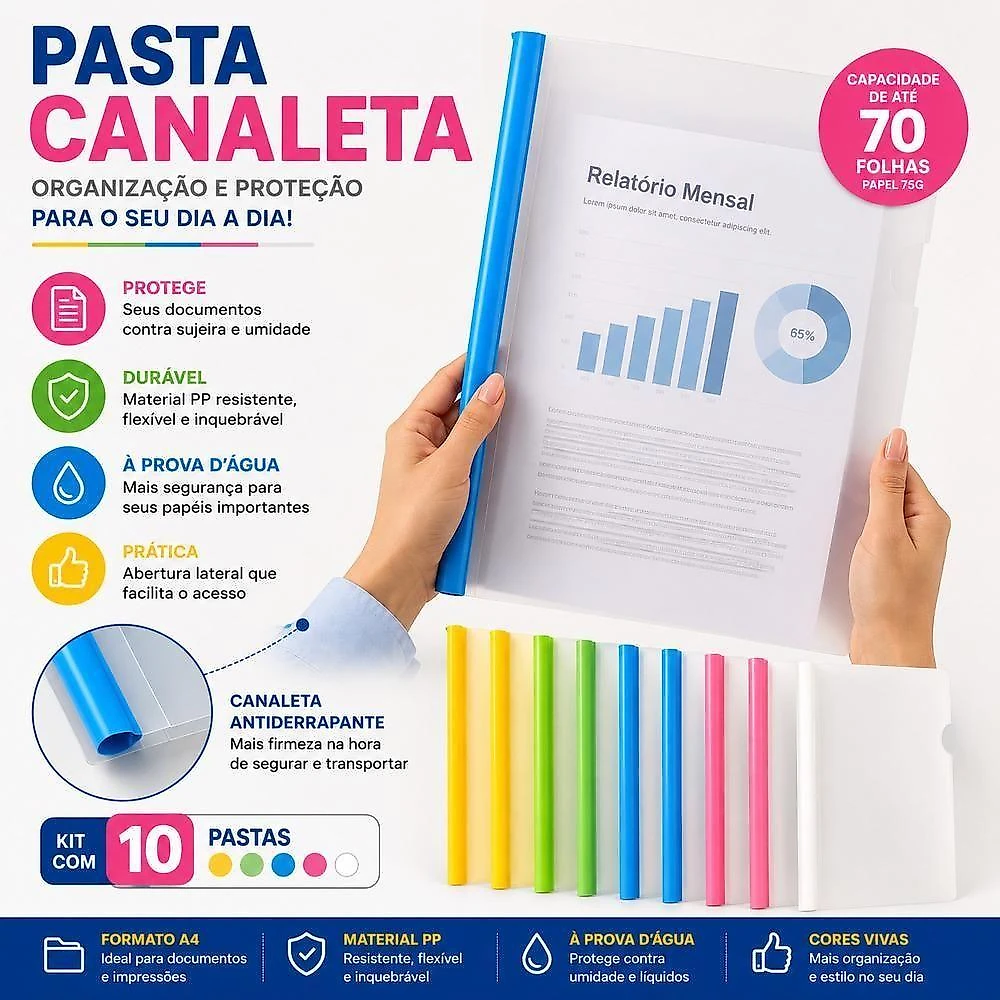 Pasta Canaleta A4 Cristal Kit 10 31X22CM com Canaleta Deslizante Transparente