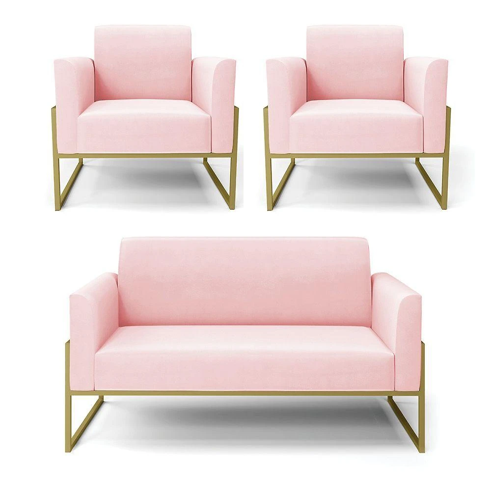 Sofá Namoradeira Com 2 Poltronas Base Industrial Alta Dourado Marisa Suede Rosa Bebê D03 - D\'rossi