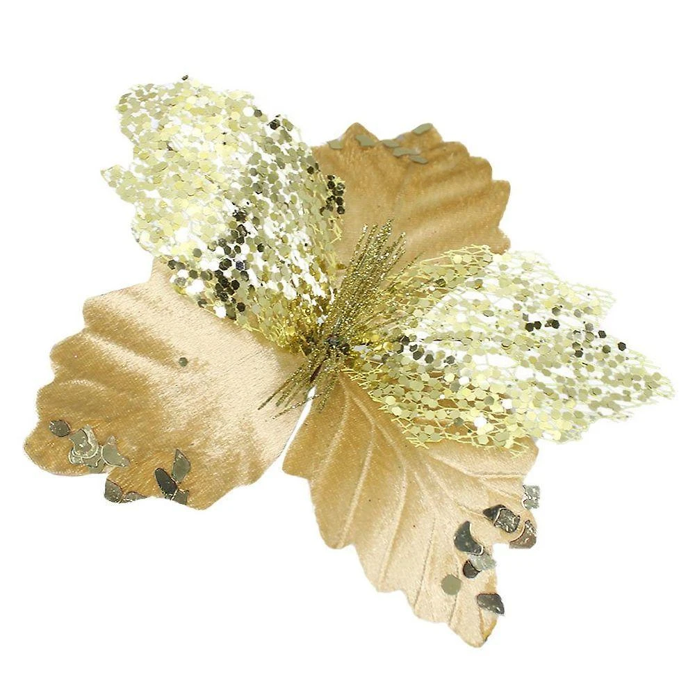Kit 4 Flor De Natal Dourada Artificial Com Brilho 19cm