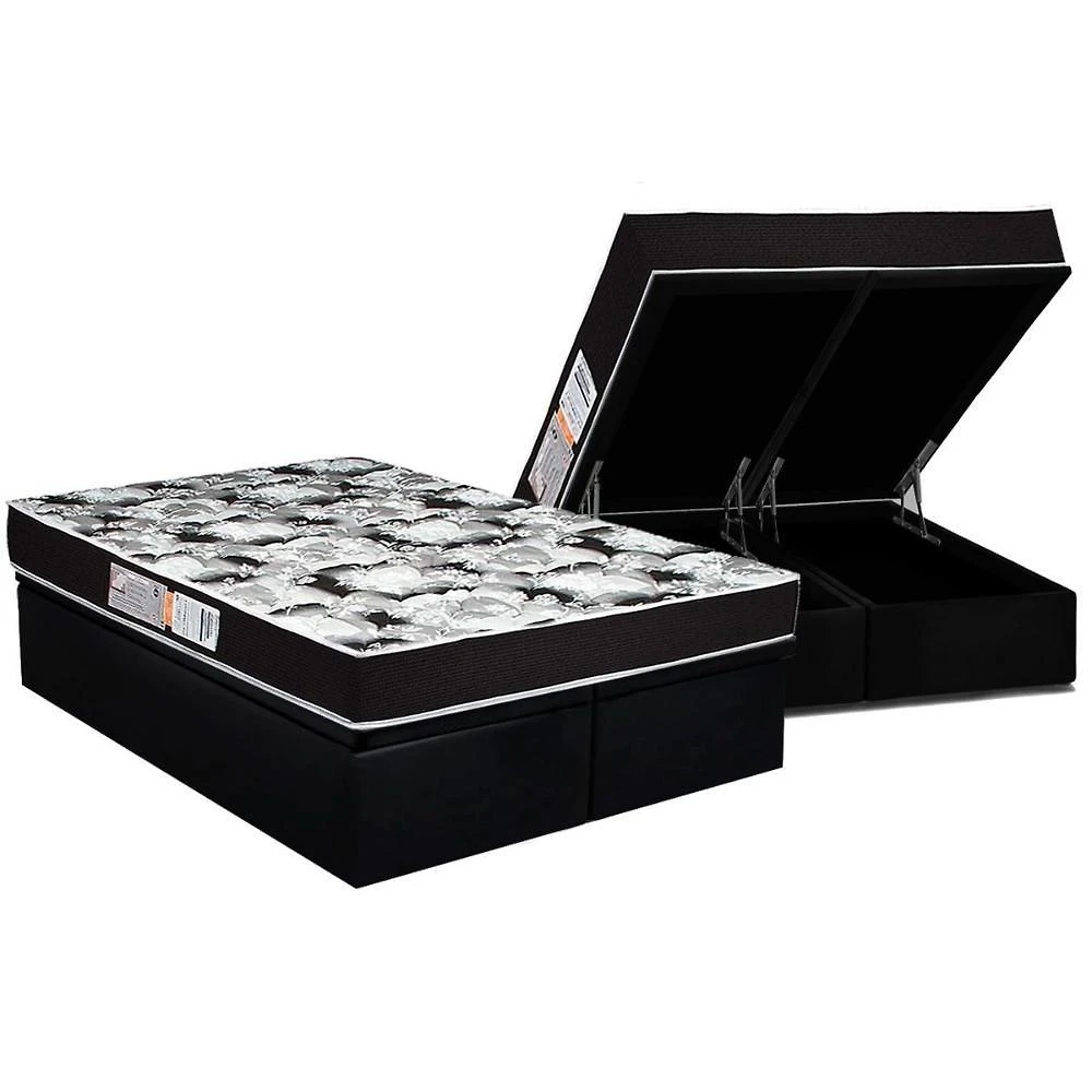 Conjunto Box Baú Queen: Colchão Espuma Luckspuma D33 Supreme Pró Saúde Black + Base Crc Suede Black (158x198)