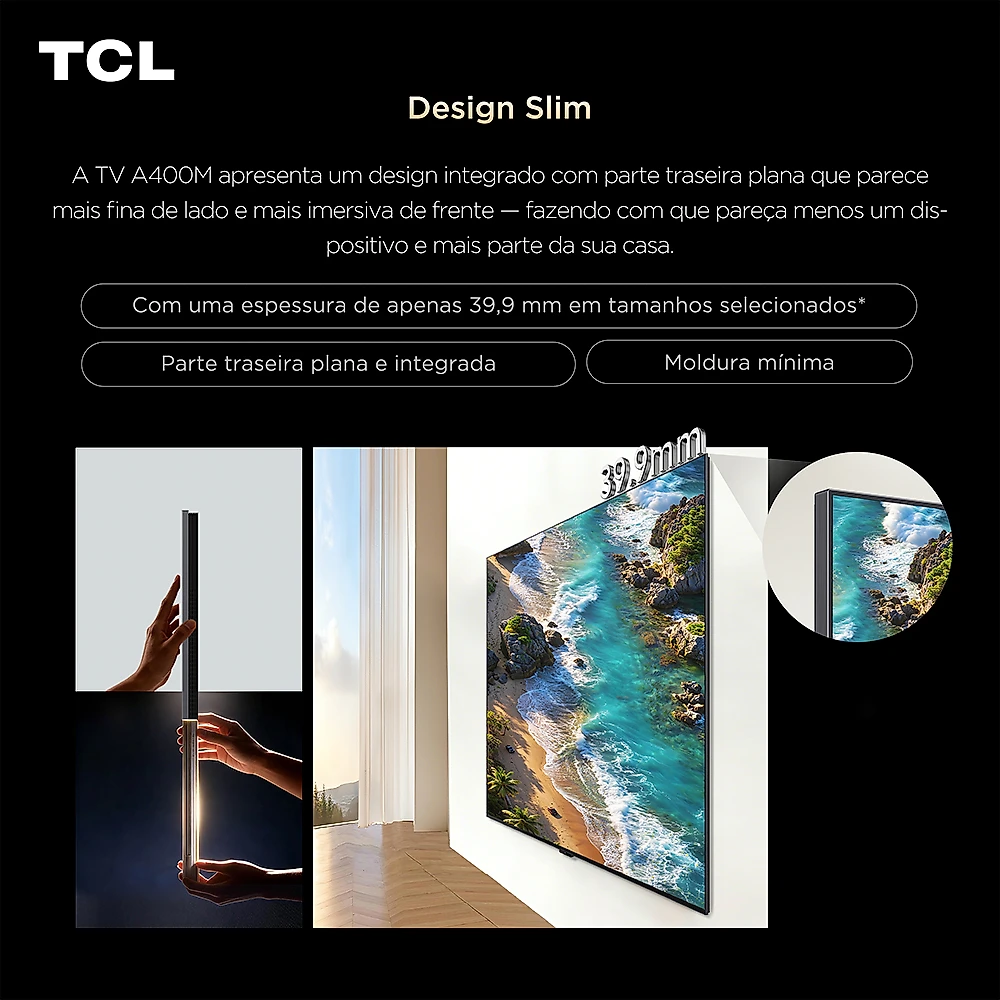 Smart TV TCL 55 Polegadas QLED Mini LED 4K A400M WiFi Bluetooth Google TV HDR10+ 144 Hz VRR 55A400M