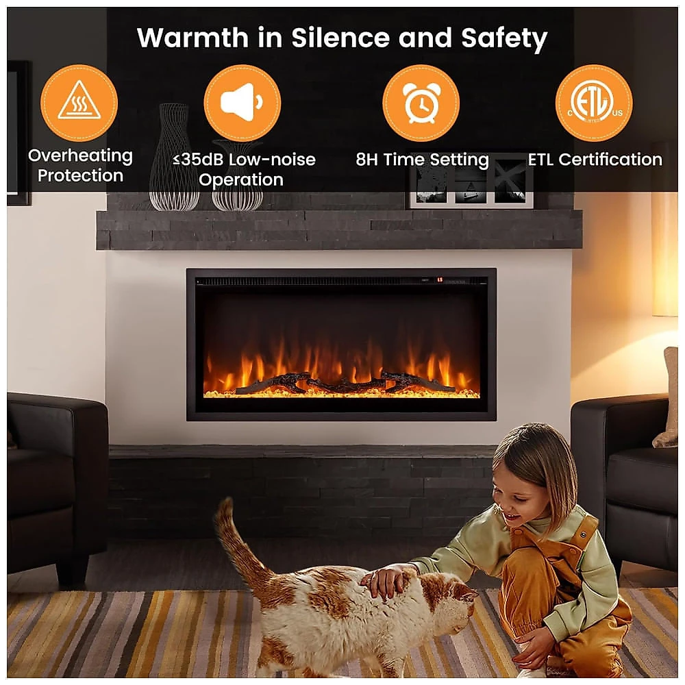 Lareira Elétrica de Embutir A45x91L cm com Controle Remoto, Cor e Brilho da Chama Ajustáveis, 110V 1500W, Tangkula, Preta