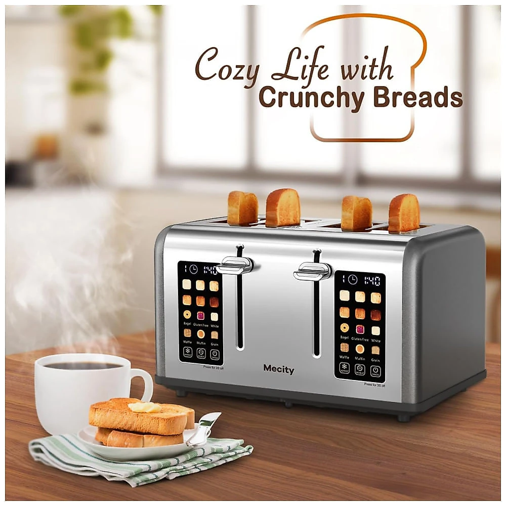 Torradeira Inteligente Mecity 4 Pães, Tela Touch, Entradas Largas, Inox - Ideal para Bagels, Muffins e Waffles