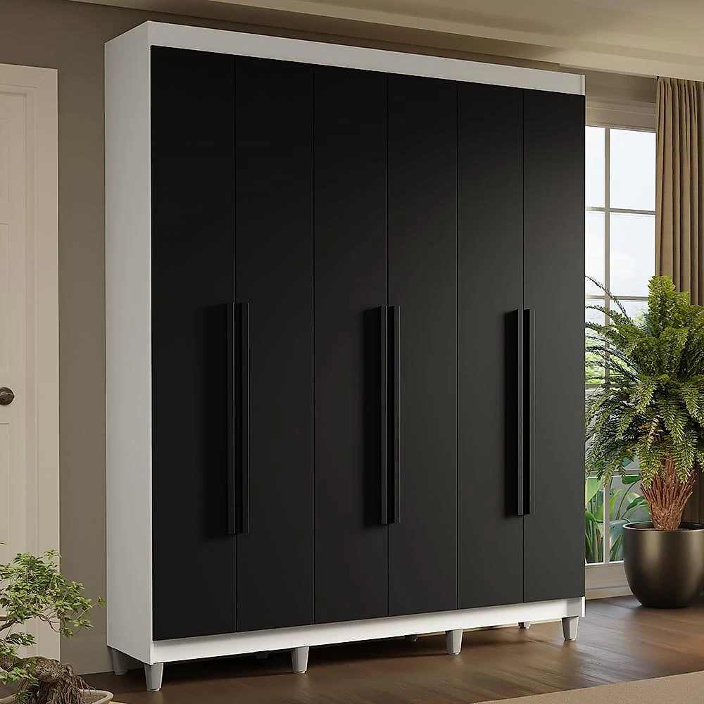 Guarda-roupa casal com pés 6 portas batentes branco/preto/preto saturno madesa