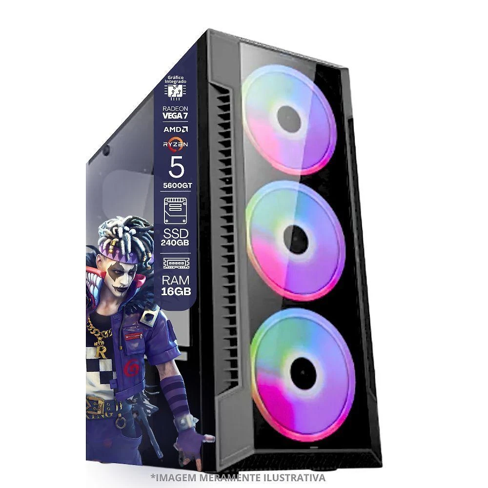Miniatura Pc Gamer Amd Ryzen 5 5600gt, 16gb Ram, Placa De Video Radeon Vega 7, Ssd 240gb, Fonte 550w + Monitor 23" Led 75hz