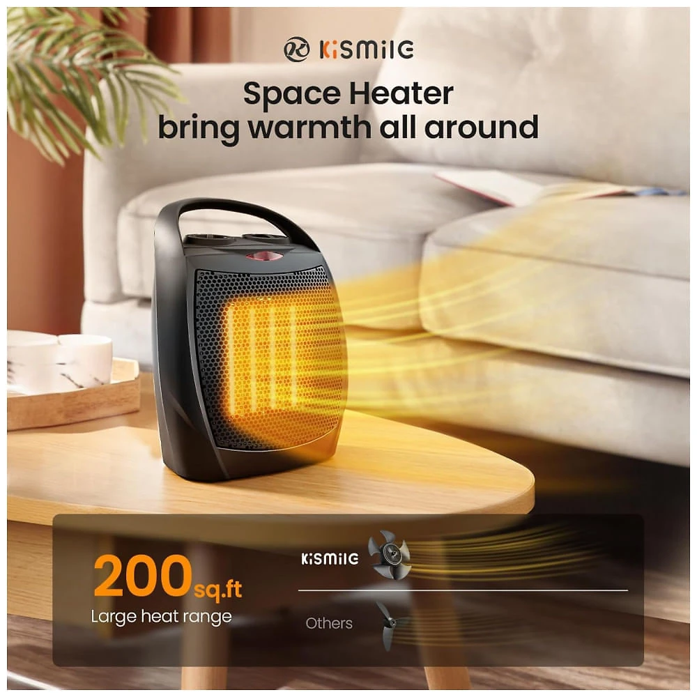 Miniatura Aquecedor Ceramico Portatil Kismile Preto 750W 1500W 3 Modos Termostato Ajustavel Modelo PTC-902A 120V