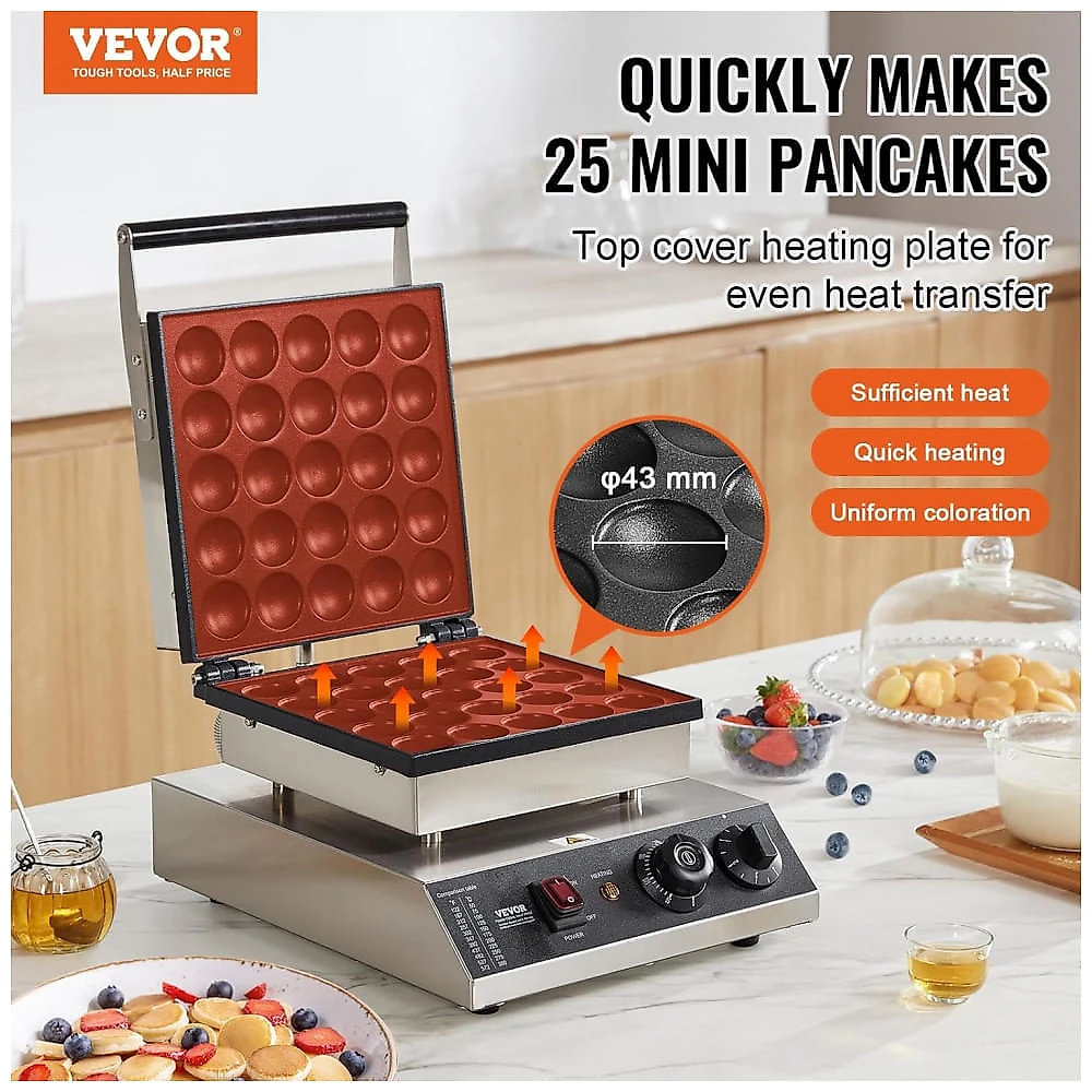 Máquina de Poffertjes Mini Panquecas VEVOR 25 Cavidades Ø43mm Inox Controle de Temperatura 1700W 110V