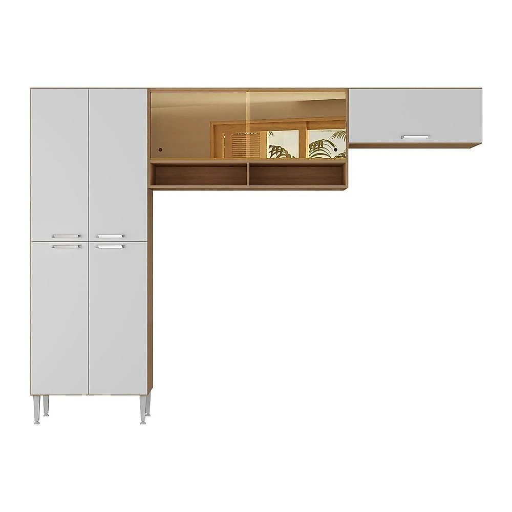 Armário Cozinha Modulada Compacta Com Vidros 270cm 3 Peças Paris Multimóveis Mp2297 Madeirado-Branco