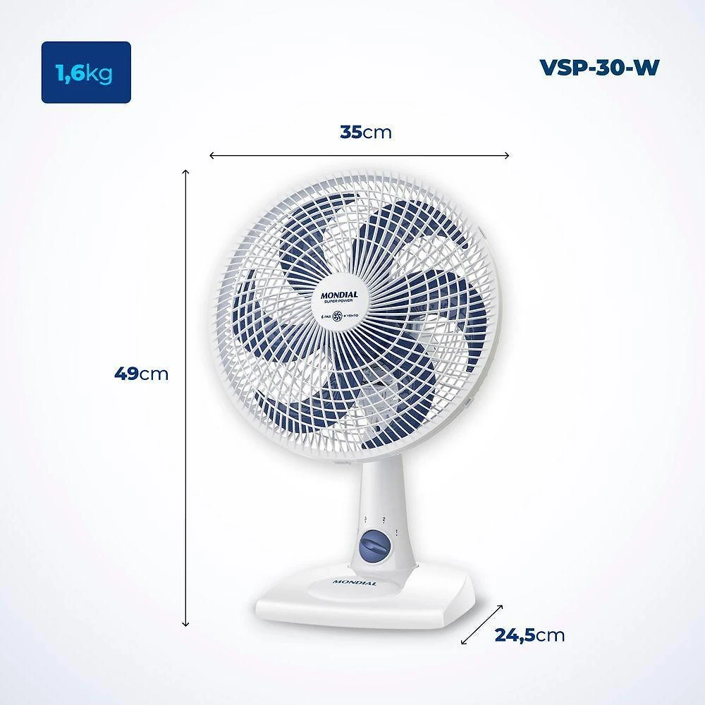 Ventilador de mesa mondial 60w 30cm 6 pás 3 velocidades branco 220v