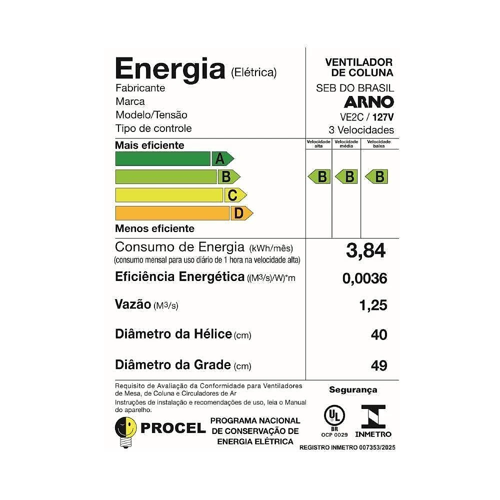 Ventilador arno coluna essential 40cm 6 pás 127v ve2c 2720018604