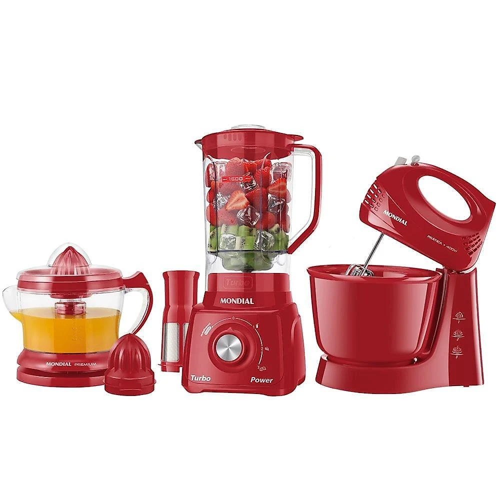Conjunto especial mondial kt-105-r (espremedor premium + batedeira prática + liquidificador turbo power) - vermelho 110