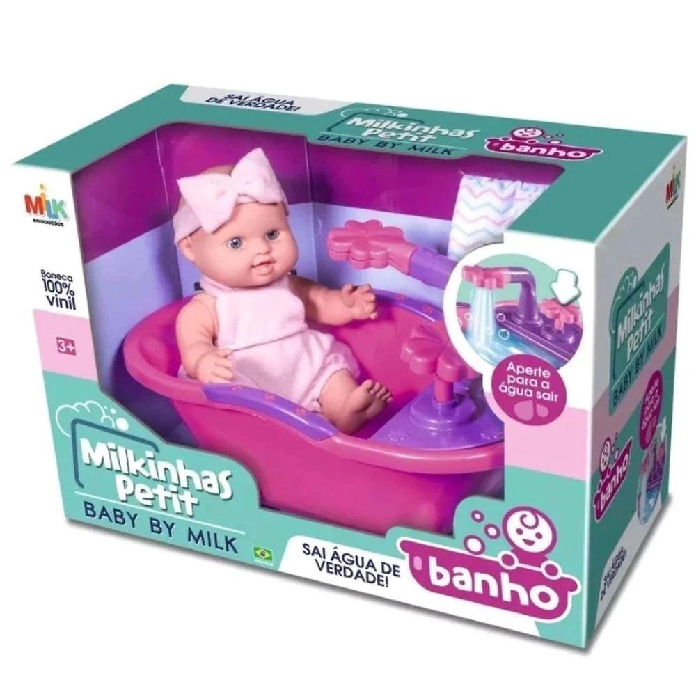 Boneca Milkinhas Petit Banho com Banheira Que Solta Água Realista 20CM Branco Milk Brinquedos