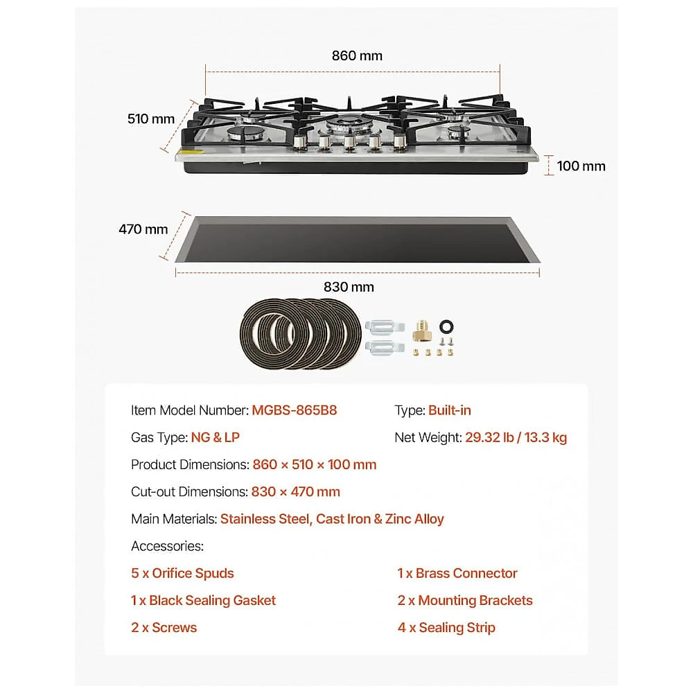 Cooktop a gás 5 bocas VEVOR vidro temperado preto e inox embutir conversível GN/GLP queimadores selados 110V
