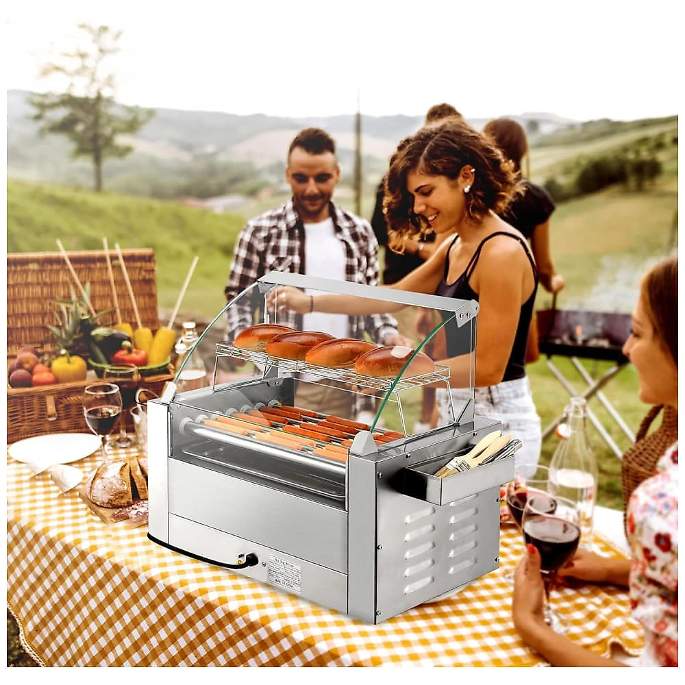 Máquina de Cachorro Quente até 18 Salsichas com Aquecedor de Pão, Tampa, Controle de Temperatura Dupla, Luz LED, Prateleira Removível e Bandeja de 110v