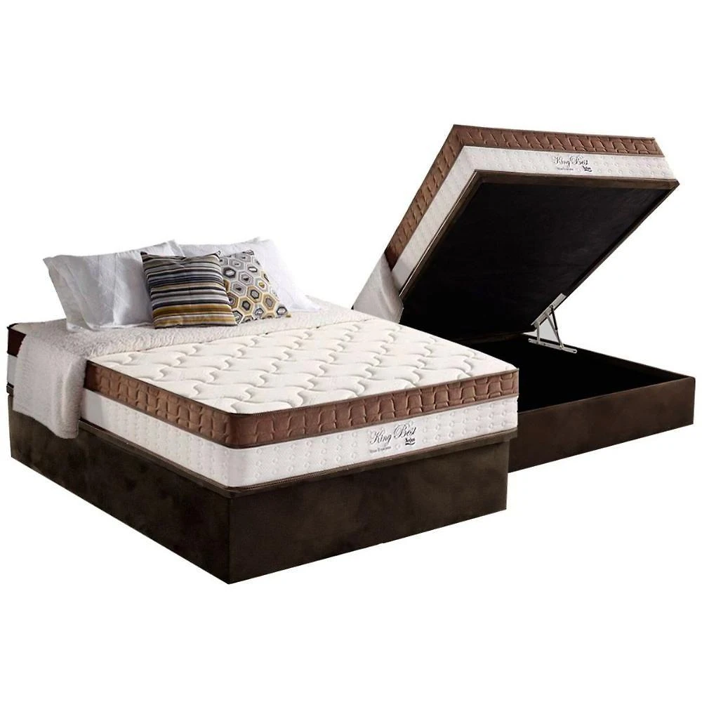 Cama Box Baú CRC Casal + Colchão Molas Ensacadas King Best New Euro Pillow Marrom Anjos