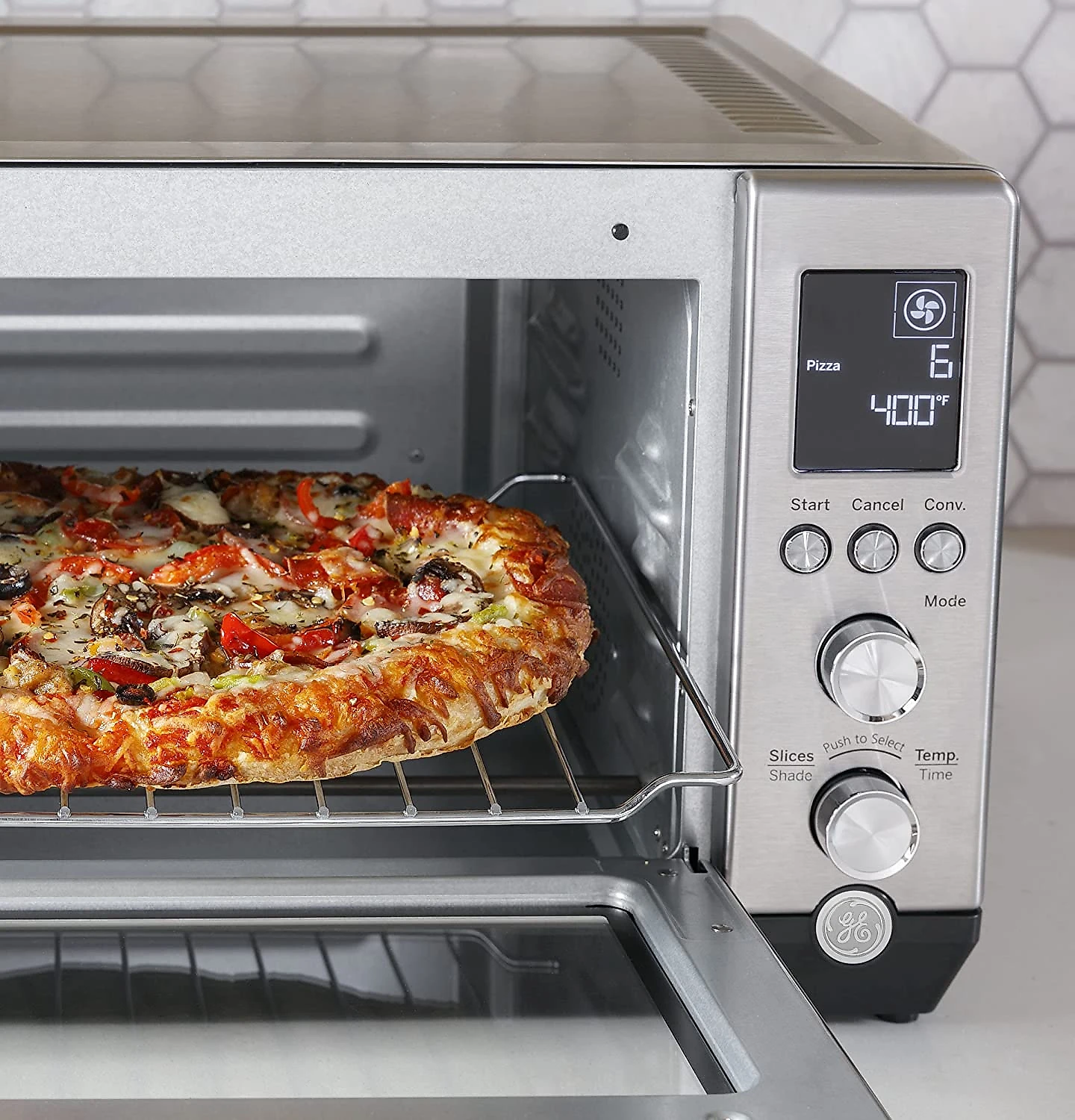 GE G9OCAASSPSS Calrod Convection Toaster Oven Large Capacity Fits 9x11 7 Cook Modes Includes Baking Rack Pan Tongs e Drip Stainless Steel