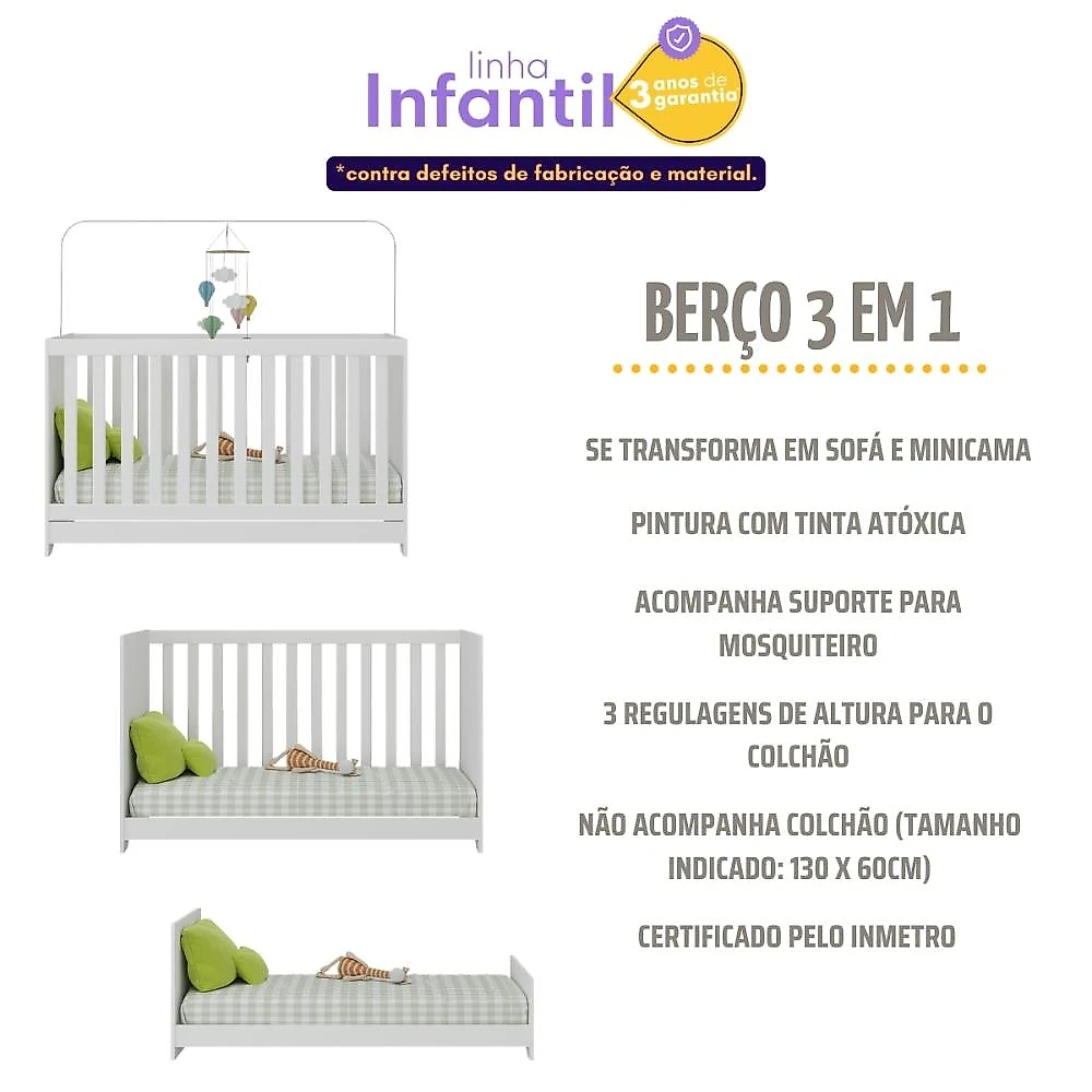 Quarto de Bebê Completo com Berço 3 em 1 para Colchão 130x60cm Multimóveis MP4399 Branco/Natural