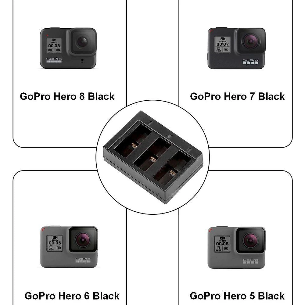 Carregador Triplo + Cabo USB para Câmeras GoPro 5/6/7/8 Black