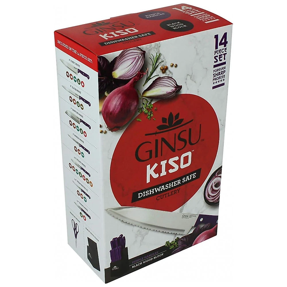 Conjunto de Facas em Aço Inoxidável com Bloco de Bancada, 14 Peças, Ginsu Kiso, Roxo