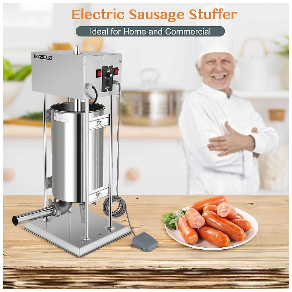 ROVSUN 15.4LBS10L Máquina de Encher Linguiça Elétrica, Velocidade Ajustável em Aço Inoxidável, Enchedor de Carne Pesado Vertical