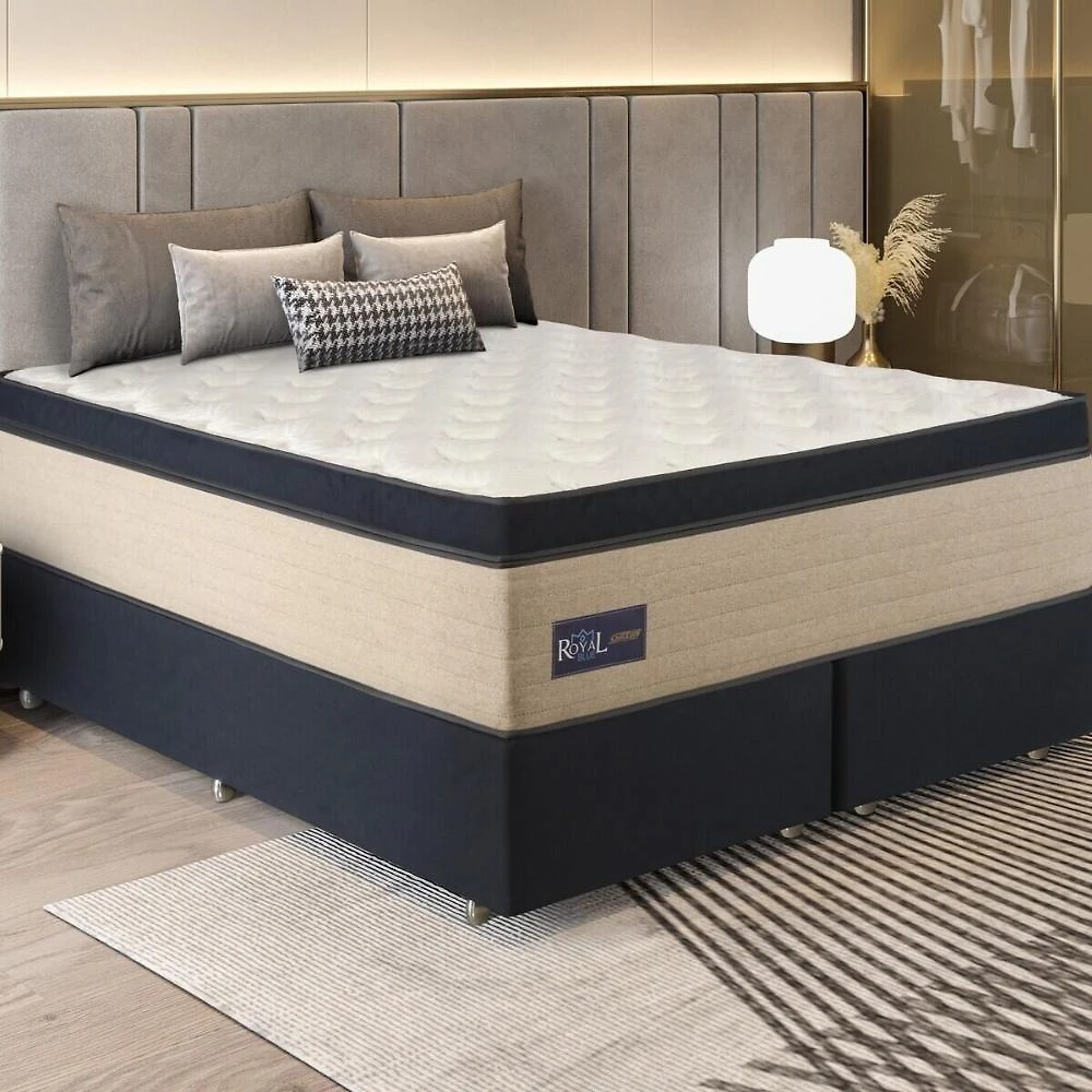 Cama Box Conjugado King Com Colchão 193x78x203 Royal Blue Gazin Cr35301 Bege Azul