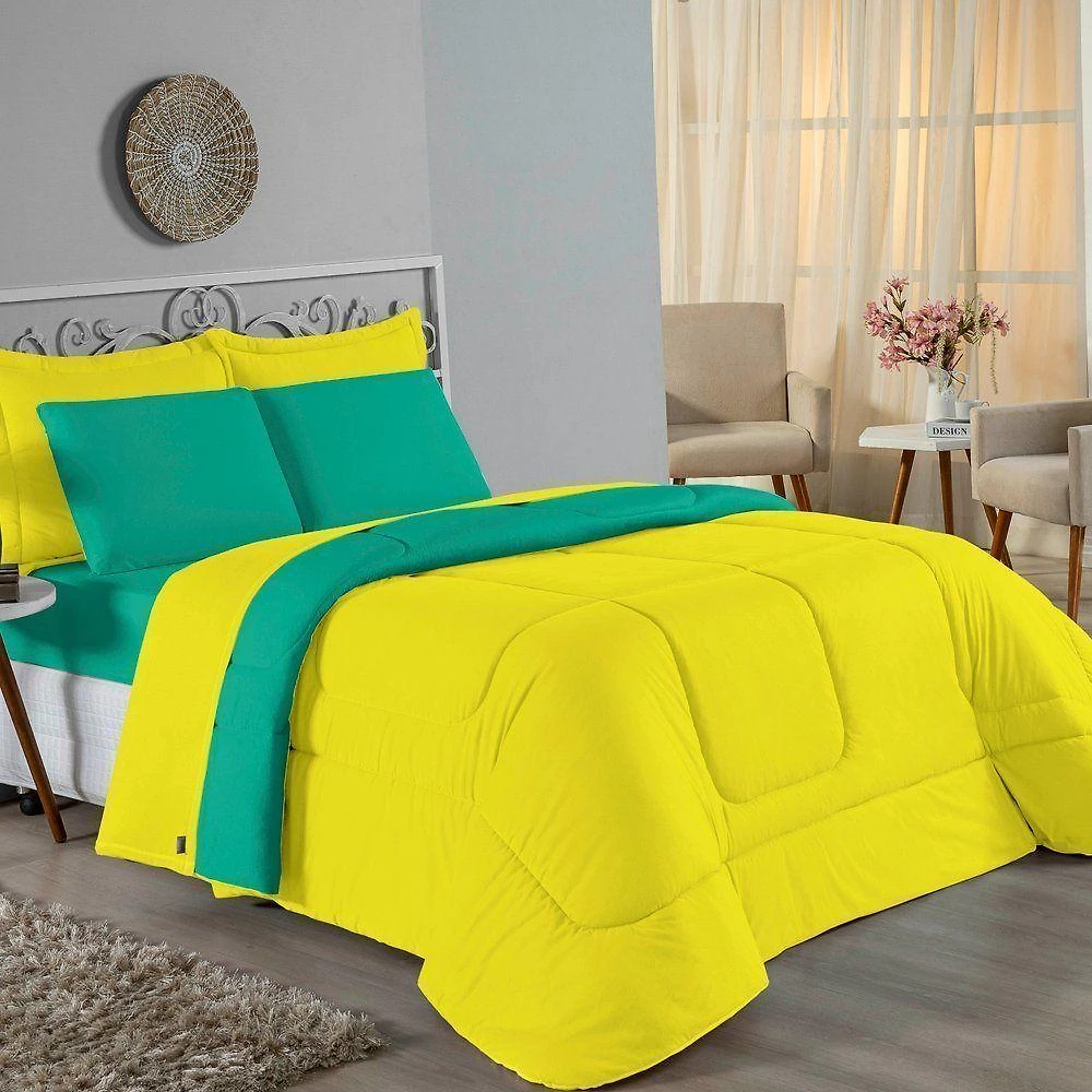 Edredom King Nobre 1 Peça Dupla Face 2,50m X 2,90m Malha 100% Algodão - Amarelo / Jade