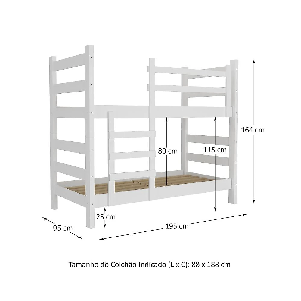 Miniatura Beliche Madeira Maciça - vira 2 Camas - para Colchão 78/88 x 188cm Dubai Multimóveis VCR4137 Branco