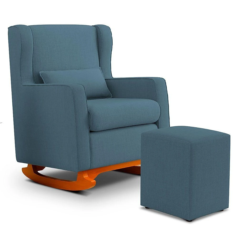 Poltrona Decorativa Zoe com Base Balanço e Puff Linho Denim Conforto Azul Abmaza