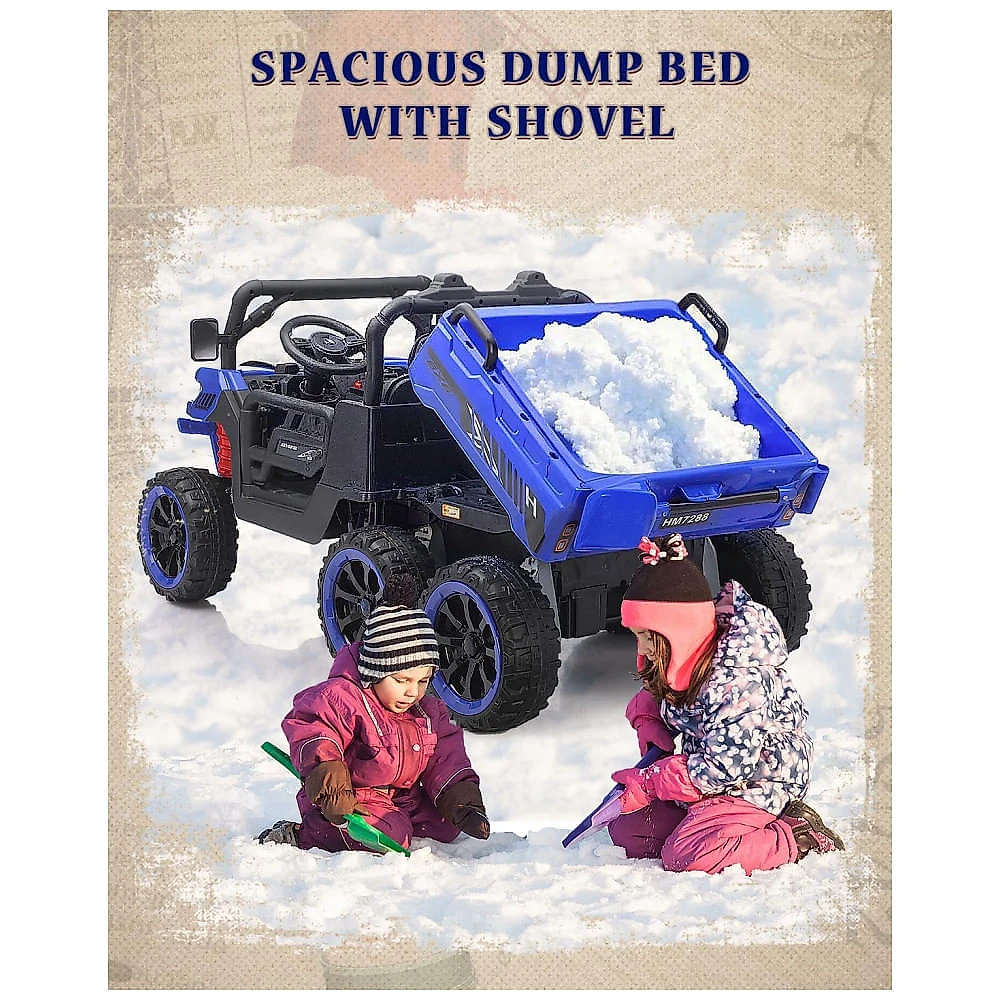Caminhão Basculante Infantil Elétrico Letsgoride Azul 24V 2 Lugares 4 Motores 100W Caçamba Automática 4WD Bluetooth Música LED 6 Rodas