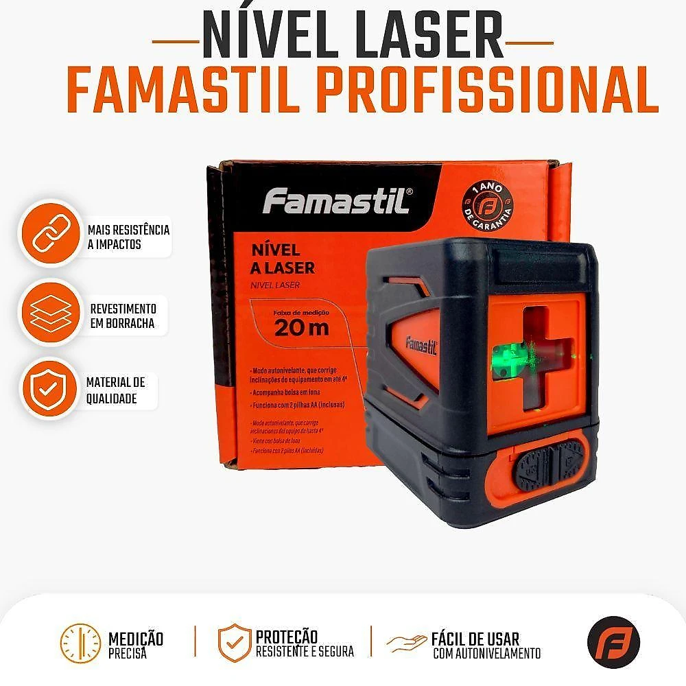 Nível Laser Famastil 20m 2 Linhas Autonivelante 90 Graus Inox