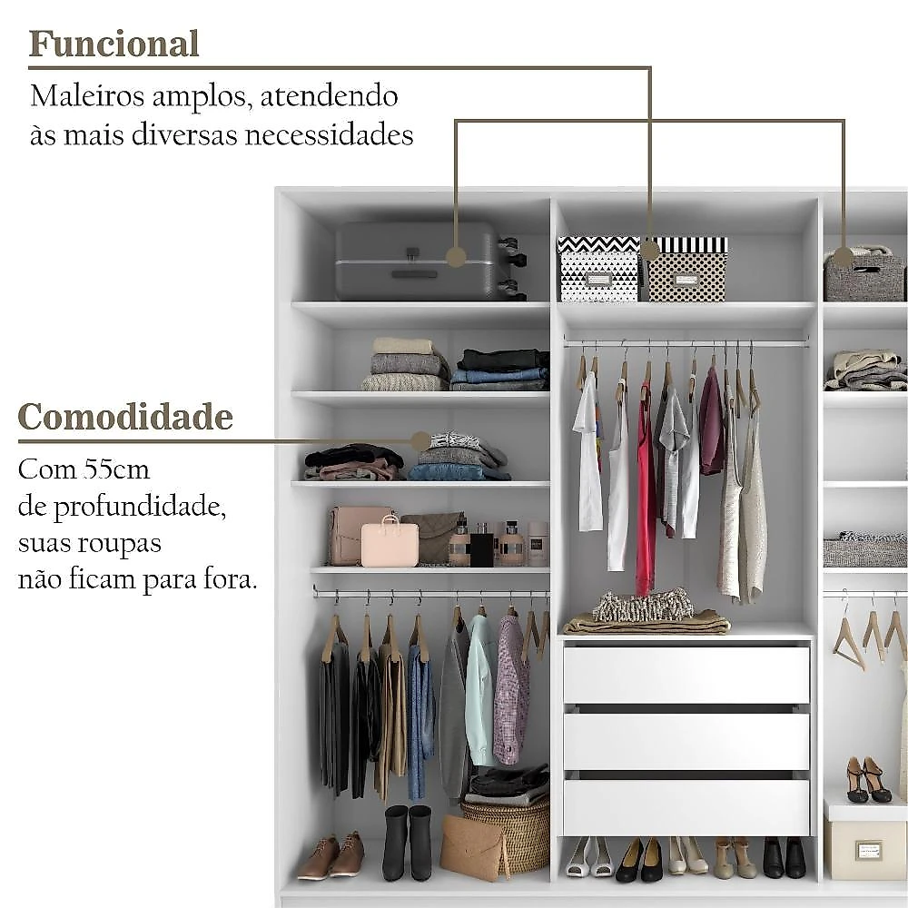 Closet Casal 100% Mdf Bp 237cm 3 Gavetas Monreale Preto