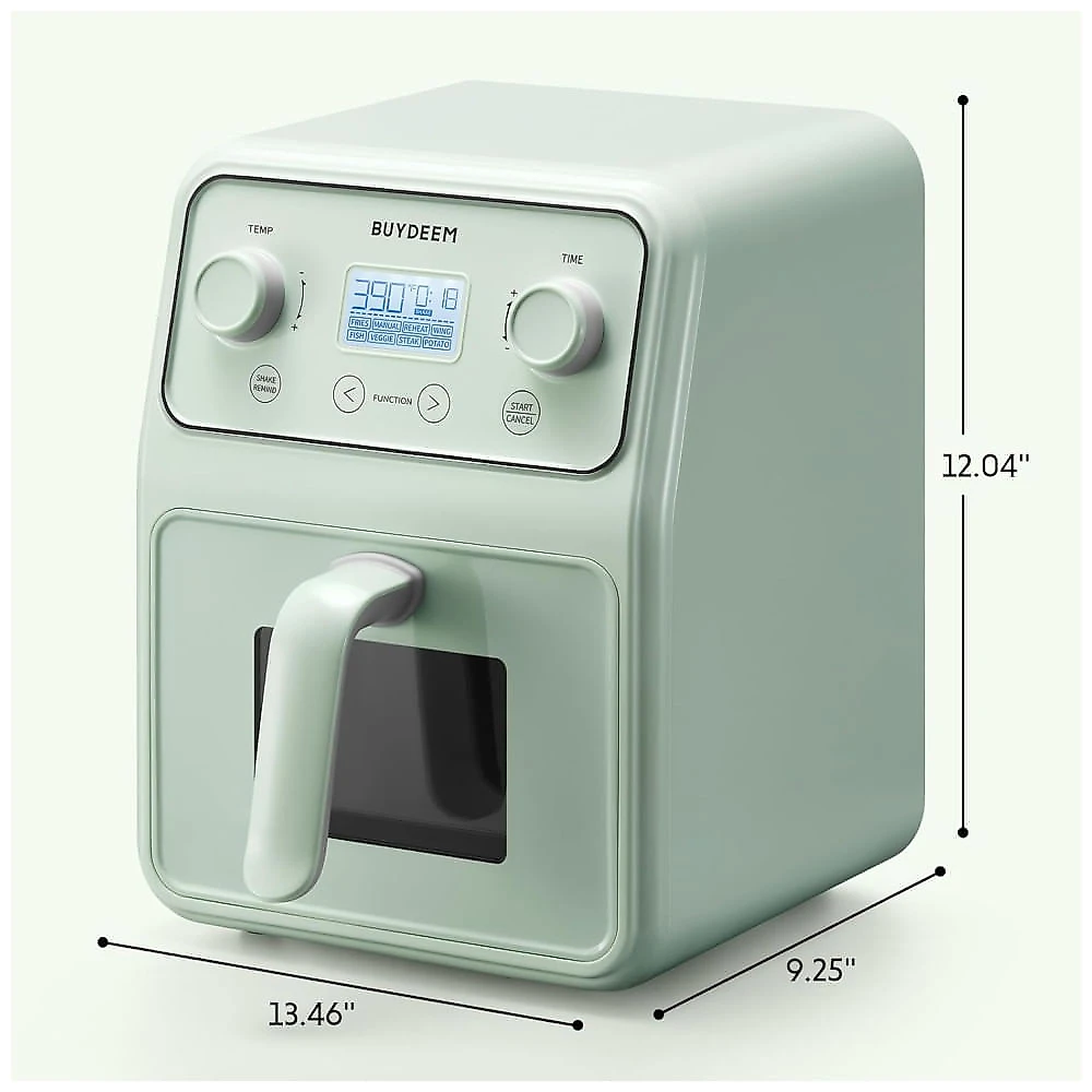 Forno Airfryer 4 Litros 8 em 1 com Janela Retrô e Lembrete de Agitar, 110V 1200W, Buydeem, Verde 110v