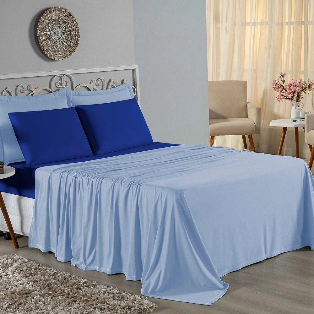 Jogo De Cama Casal Viúva Nobre 4 Peças Malha 100% Algodão - Azul-bebê / Royal