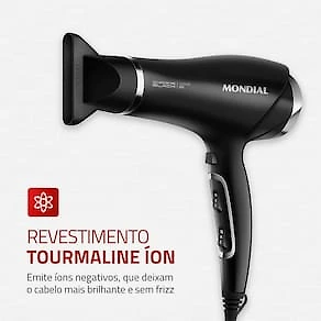 Miniatura Secador de Cabelos Mondial SCN-04 Chrome Black 2000W Tourmaline Íon 3 Temperaturas Preto 110V