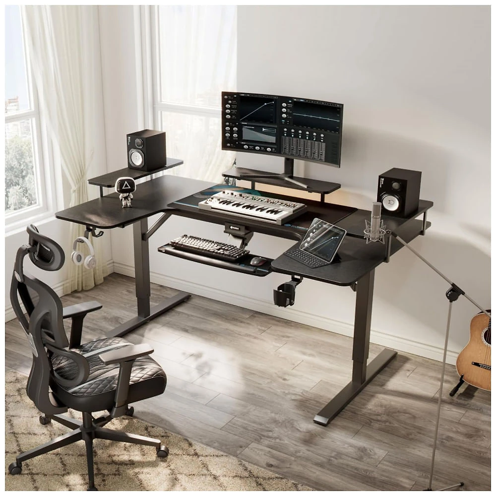 Mesa Gamer Ergonômica  74" 187 cm com Altura Ajustável, Ganchos para Fones de Ouvido, Prateleiras Conversíveis e Suporte para Monitor, 110V, EUREKA 110v