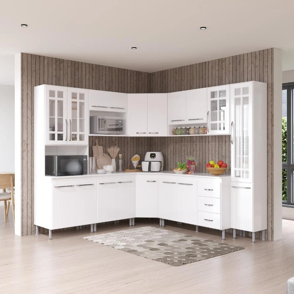 Armário de Cozinha Modulada Completa de Canto Viena 18 Portas 3 Gavetas MDF-MDP Branco Fidelita