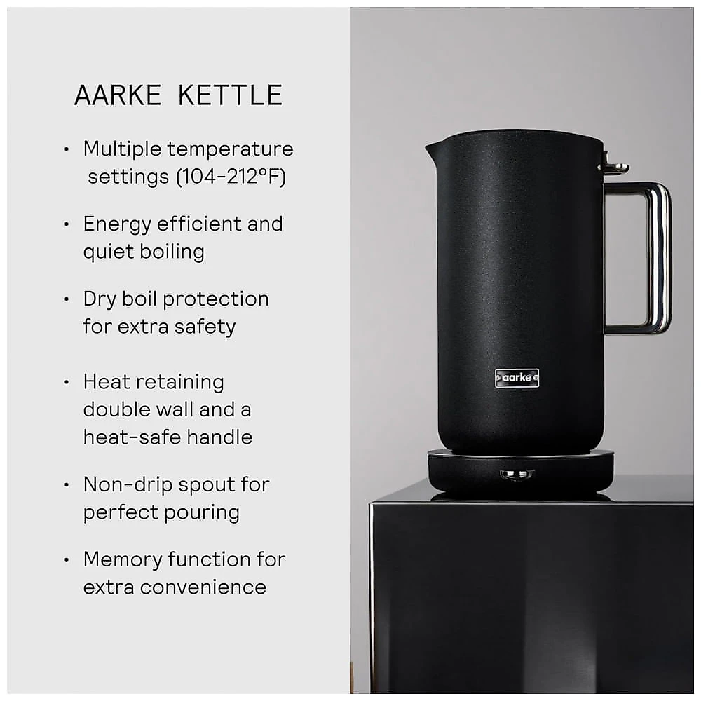 Chaleira elétrica Aarke preta inox 1,2L com Controle de Temperatura, Design Premium e parede dupla 110V