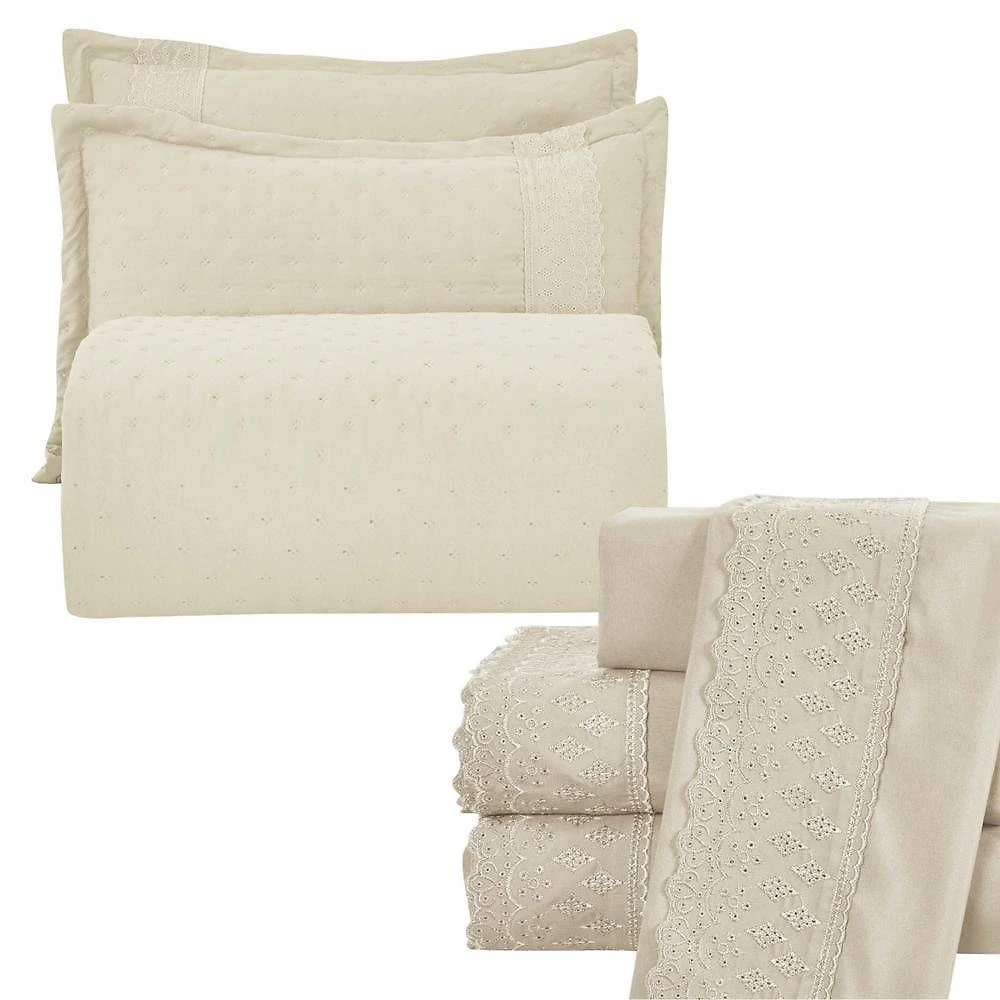 Kit Cobre Leito King + Jogo De Lençol Micropercal 300 Fios Com Bordado Inglês Santorini 7 Peças - Bege